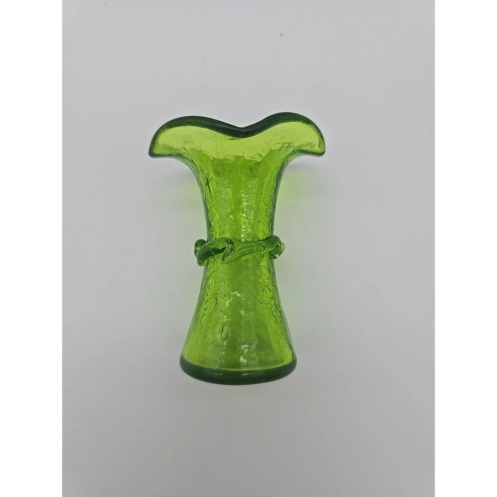 Vintage Green Crackle Glass Wavy Rim Vase